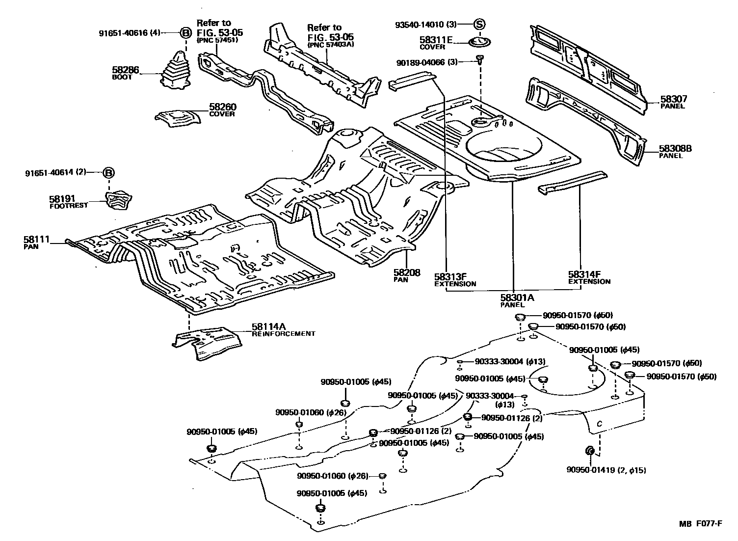 Toyota COROLLA 浅盘形地板和车身下背板 EPC diagram — MBF077F