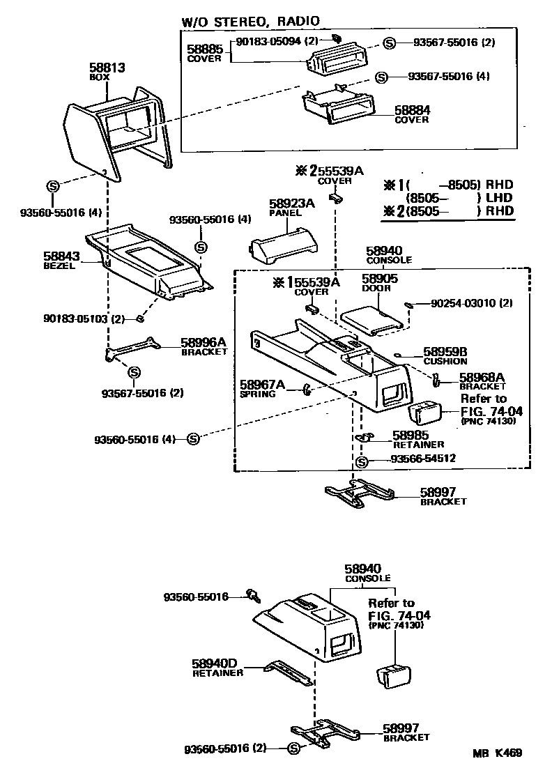 Toyota COROLLA 中央扶手箱和支架 EPC diagram — MBK469
