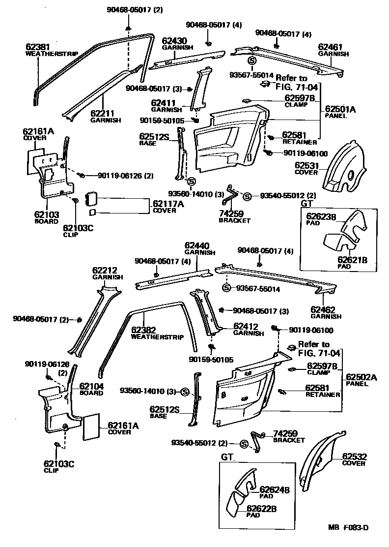 Toyota COROLLA 内饰板和车门防水胶条 EPC diagram — MBF083D