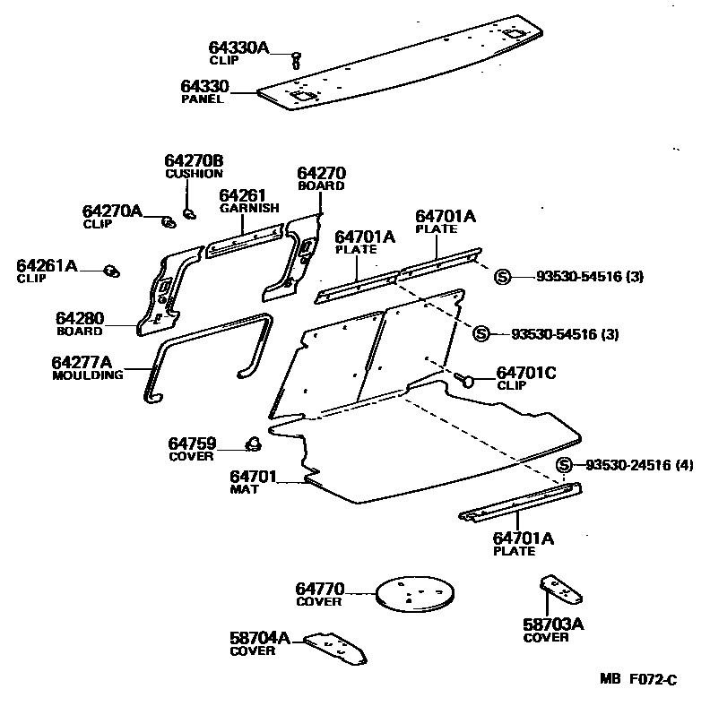 Toyota COROLLA 杂物箱板和行李箱垫 EPC diagram — MBF072C