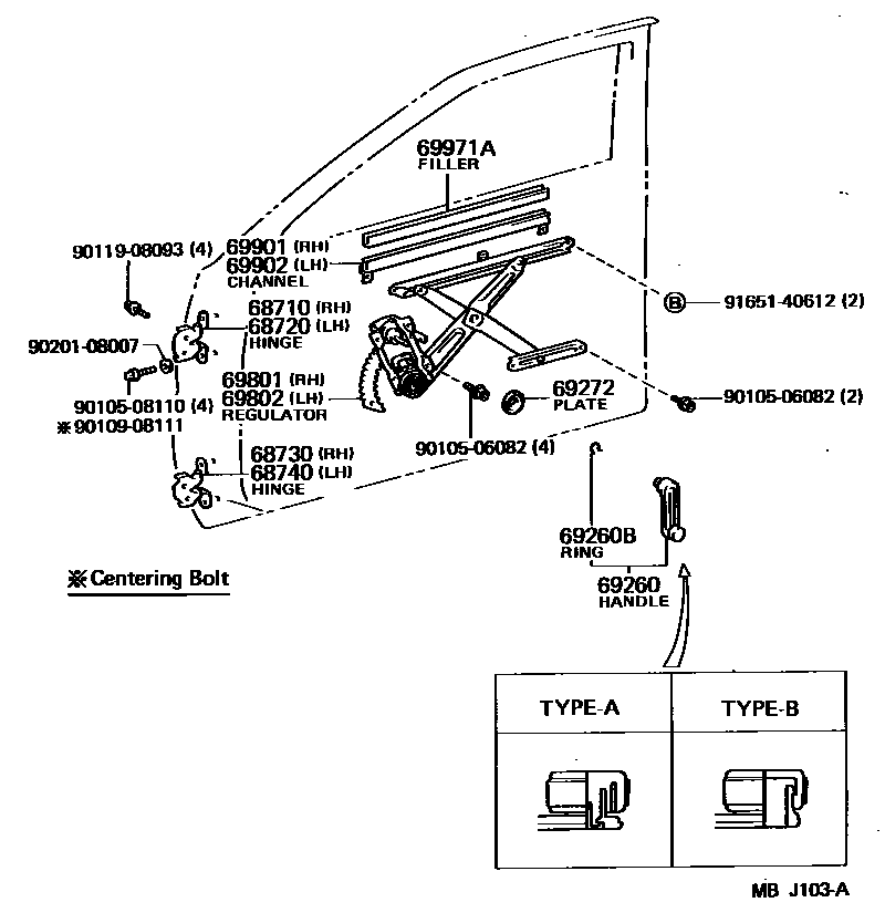 Toyota COROLLA 前门车窗升降器和合页 EPC diagram — MBJ103A