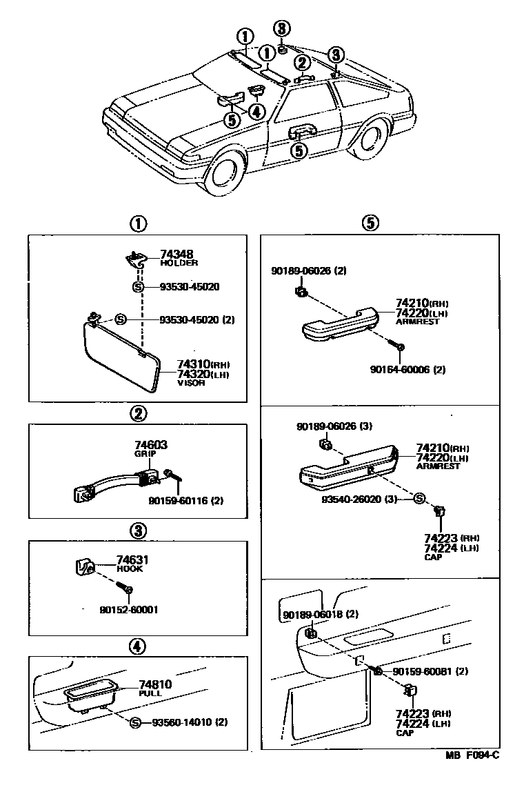 Toyota COROLLA 扶手和遮阳板 EPC diagram — MBF094C