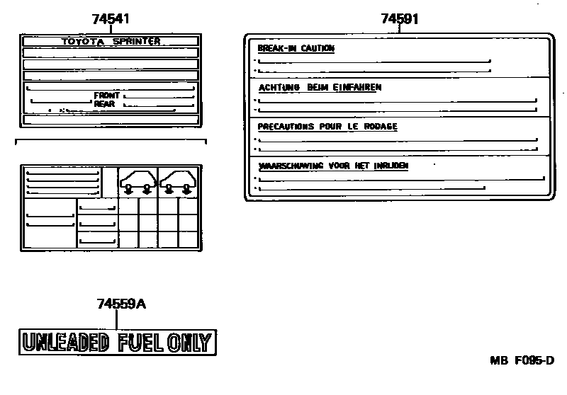Toyota COROLLA 警示铭牌(车外和车内) EPC diagram — MBF095D