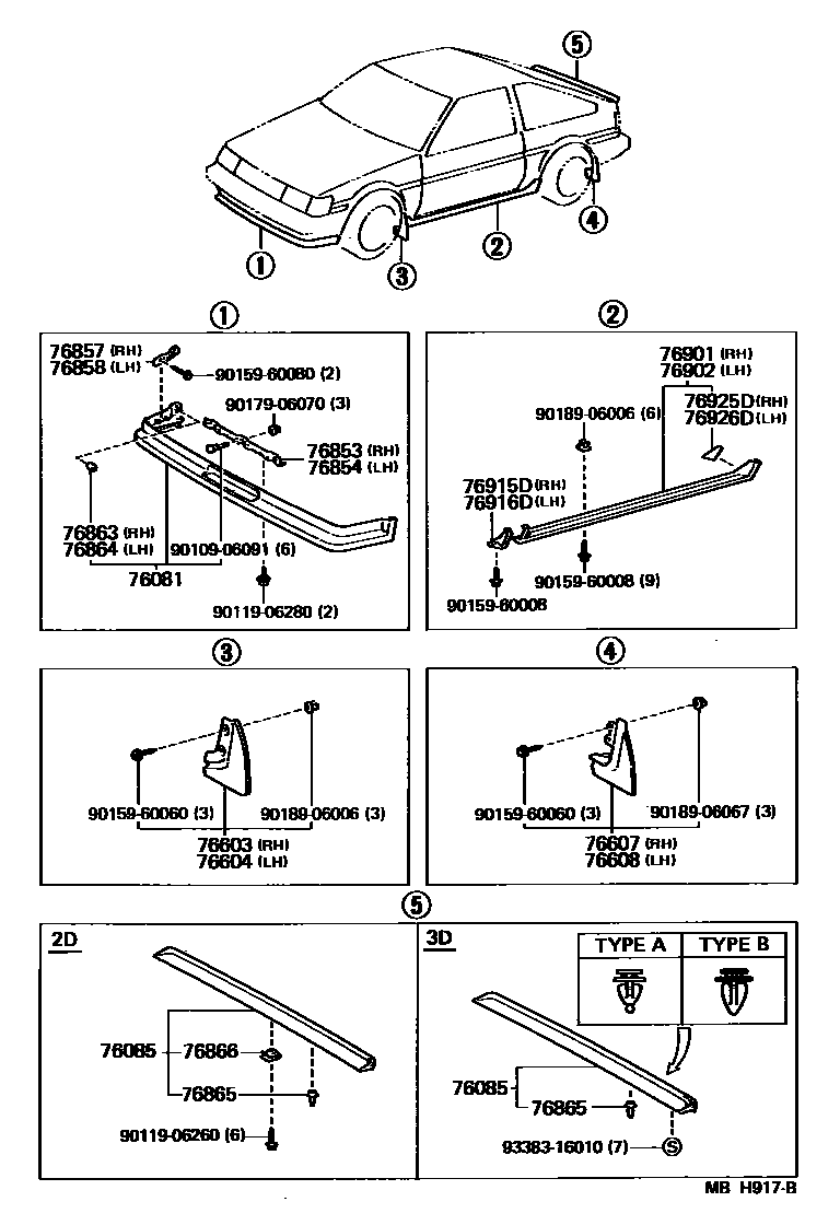 Toyota COROLLA 挡泥板和扰流板 EPC diagram — MBH917B