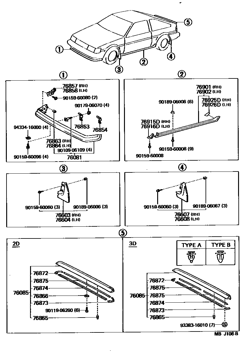 Toyota COROLLA 挡泥板和扰流板 EPC diagram — MBJ106B
