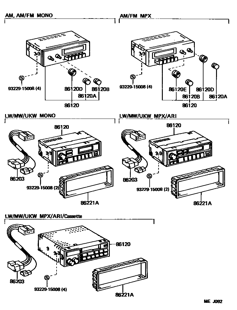 Toyota COROLLA 收音机、放大器和冷凝器 EPC diagram — MEJ092
