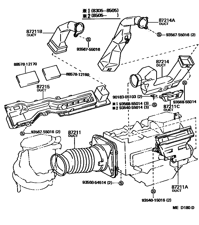 Toyota COROLLA 暖风和空调系统 - 控制器和风管 EPC diagram — MED180D