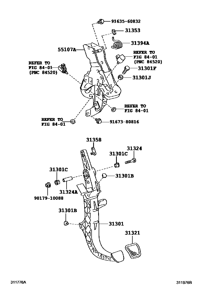Toyota COROLLA 离合器踏板和挠性软管 EPC diagram — 311876B