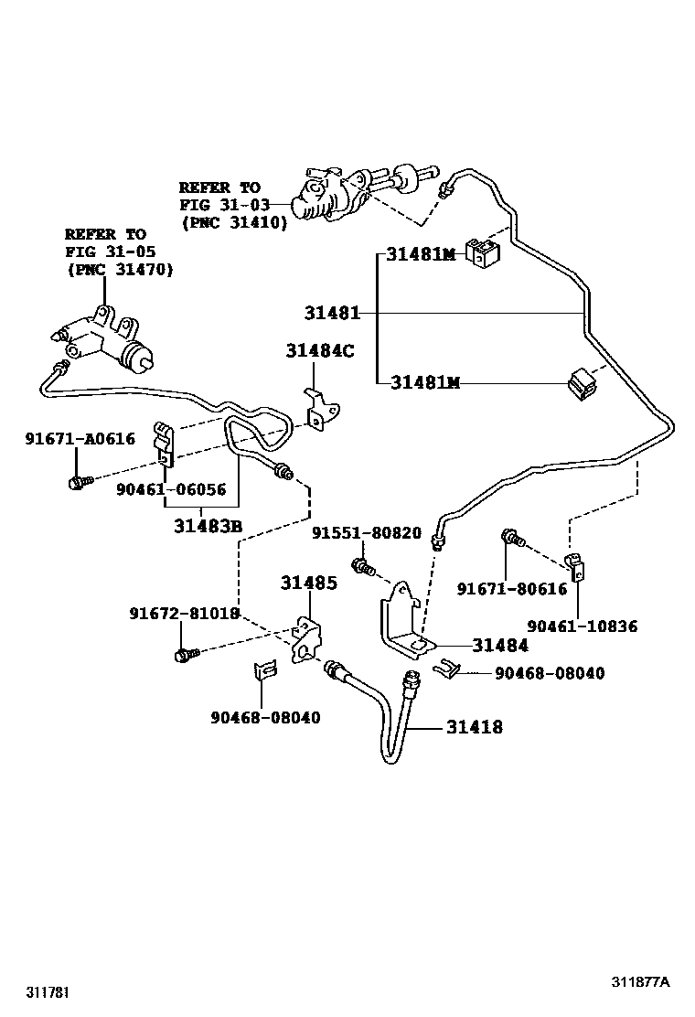 Toyota COROLLA 离合器踏板和挠性软管 EPC diagram — 311877A