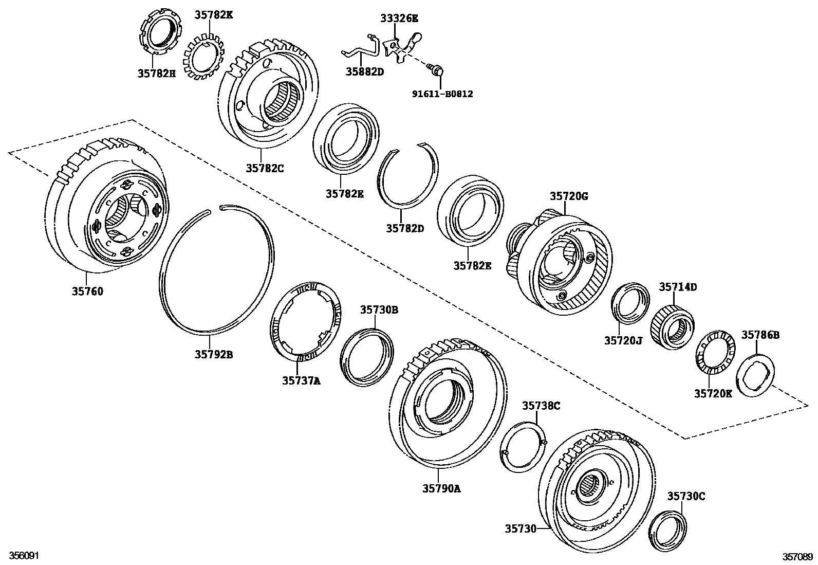 Toyota COROLLA 行星齿轮、倒档活塞和中间轴齿轮(ATM) EPC diagram — 357089