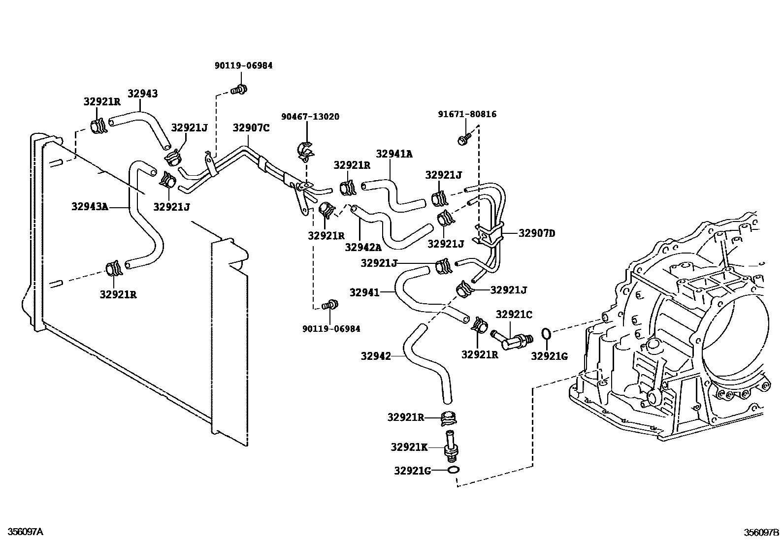 Toyota COROLLA 变速器油冷却器和配管(ATM) EPC diagram — 356097B