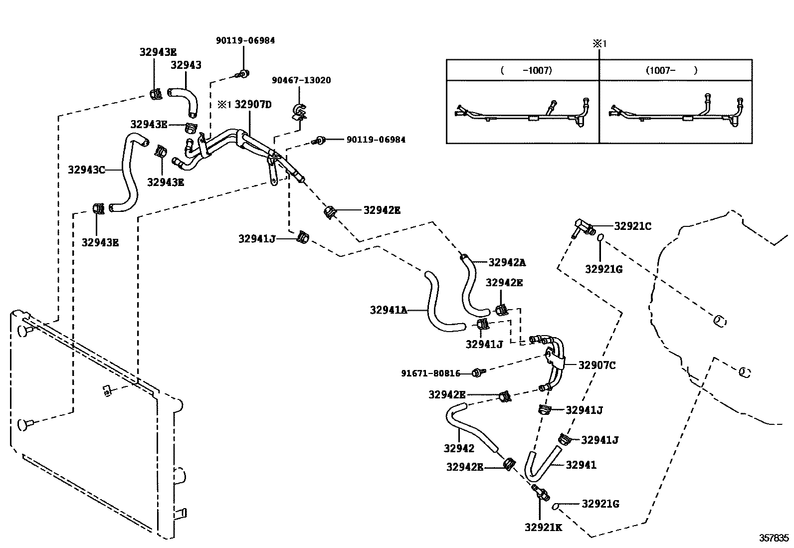 Toyota COROLLA 变速器油冷却器和配管(ATM) EPC diagram — 357835
