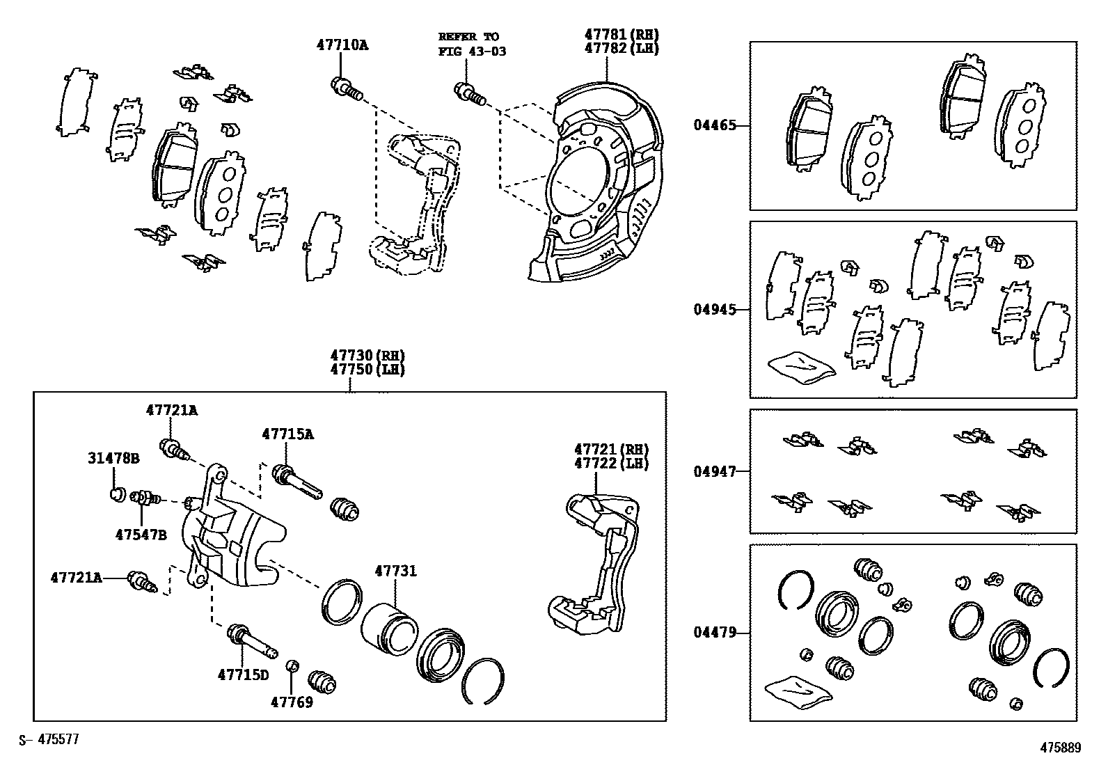 Toyota COROLLA 前盘式制动器卡钳和防尘罩 EPC diagram — 475889