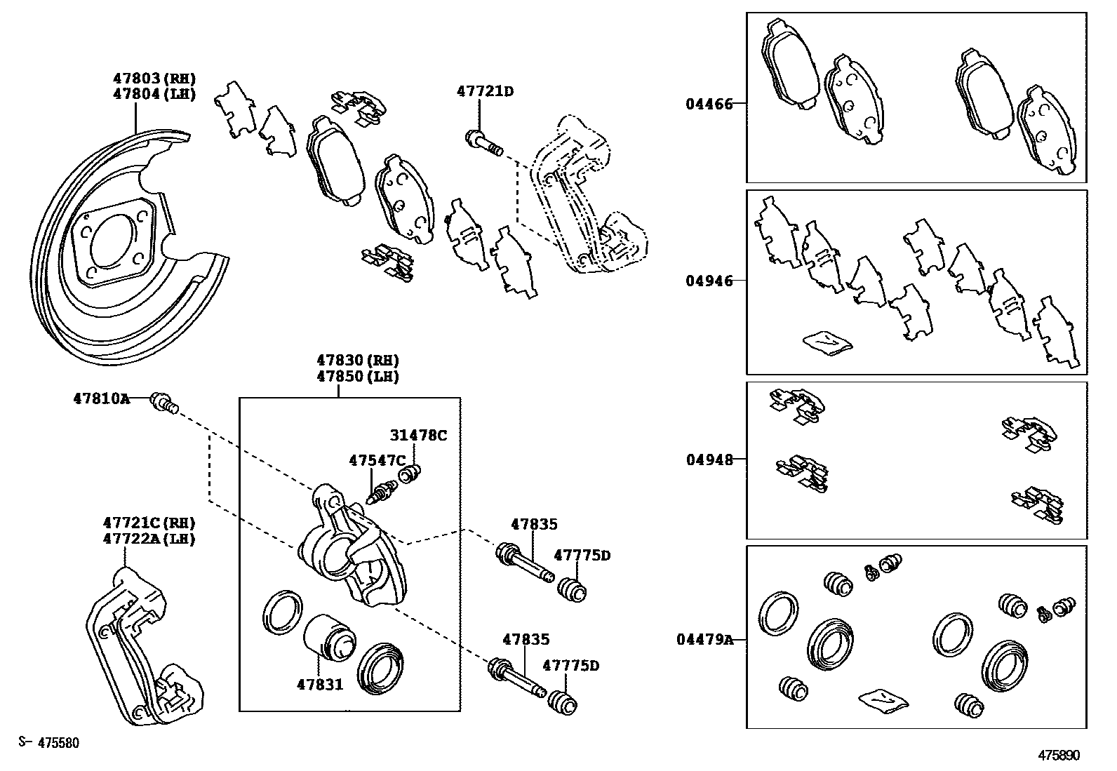 Toyota COROLLA 后盘式制动器卡钳和防尘罩 EPC diagram — 475890