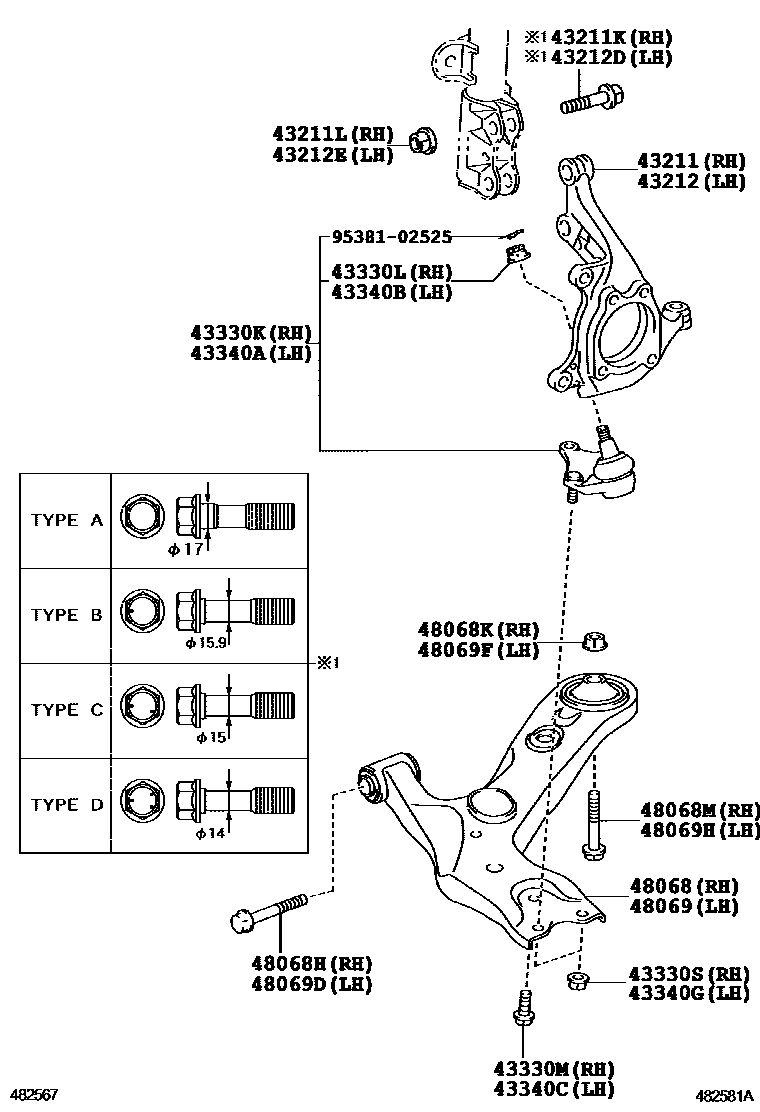 Toyota COROLLA 前桥控制臂和转向节 EPC diagram — 482581A
