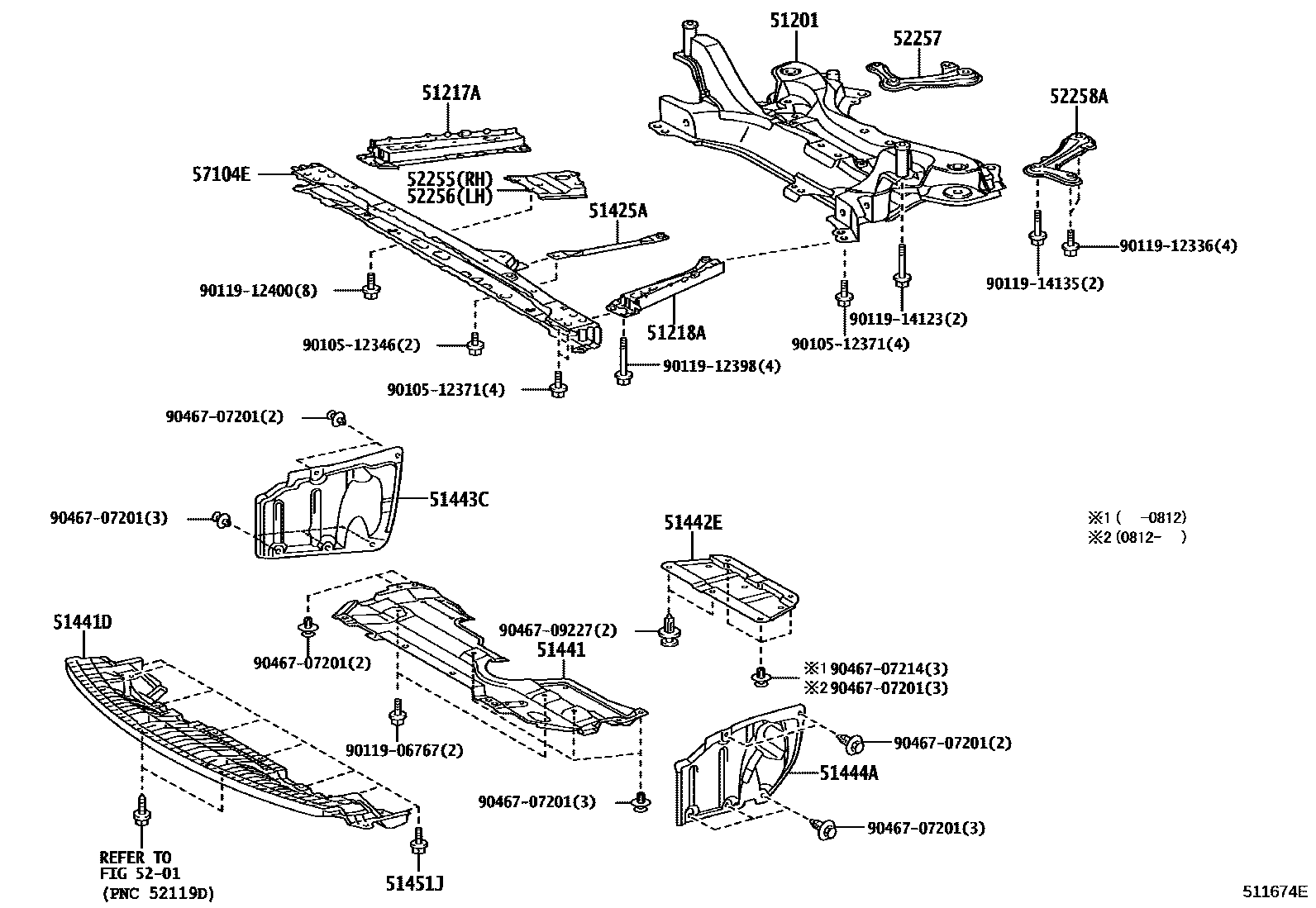 Toyota COROLLA 悬架横梁和发动机底罩 EPC diagram — 511674E