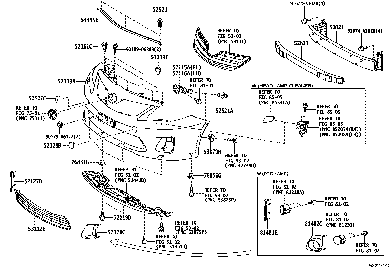 Toyota COROLLA 前保险杠及附件 EPC diagram — 522271C