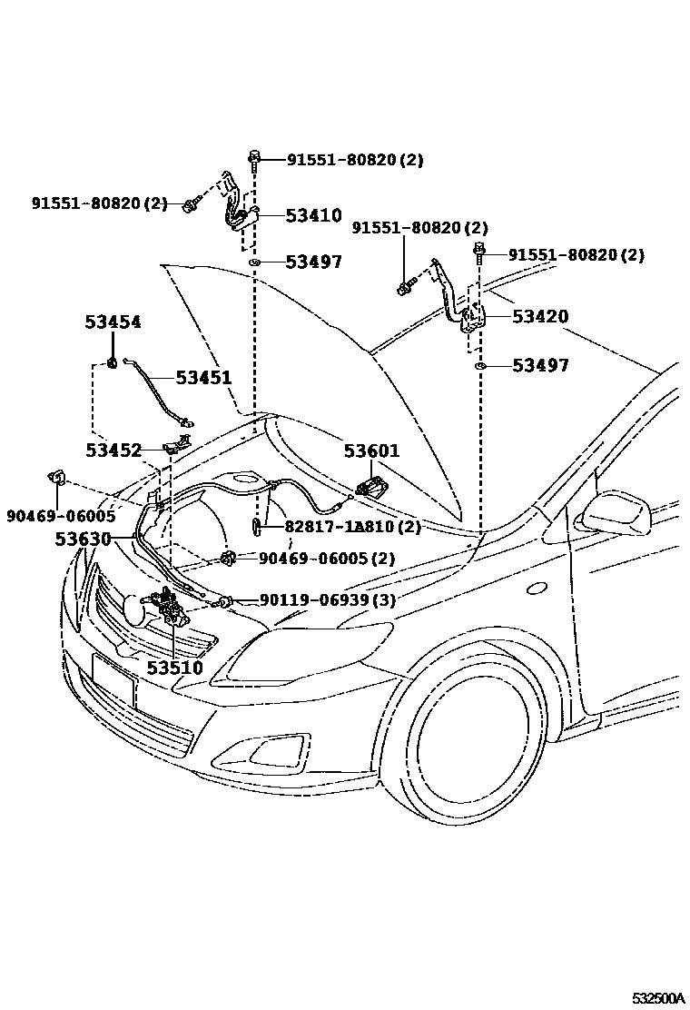 Toyota COROLLA 发动机盖锁和铰链 EPC diagram — 532500A