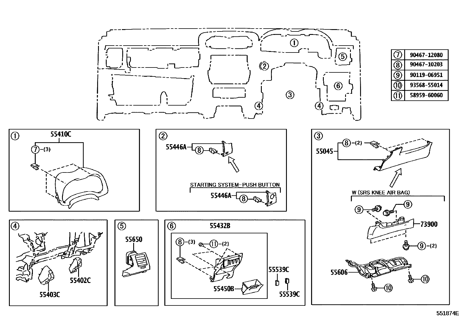 Toyota COROLLA 仪表板和手套箱 EPC diagram — 551874E