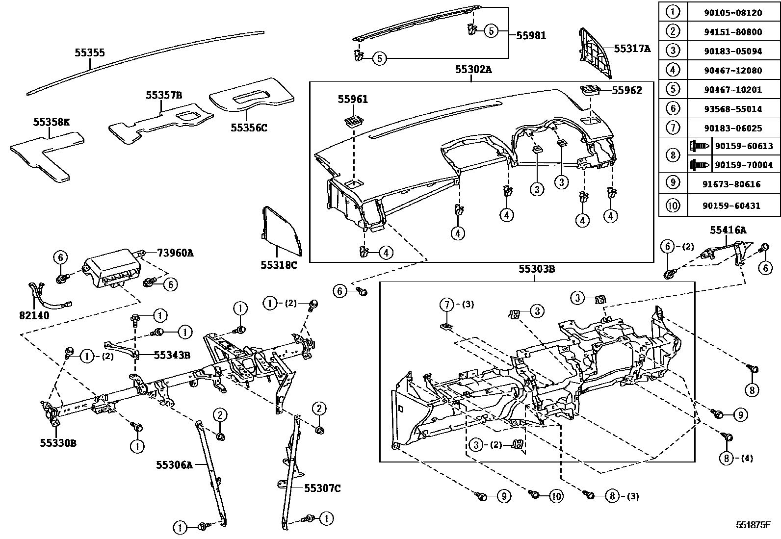 Toyota COROLLA 仪表板和手套箱 EPC diagram — 551875F