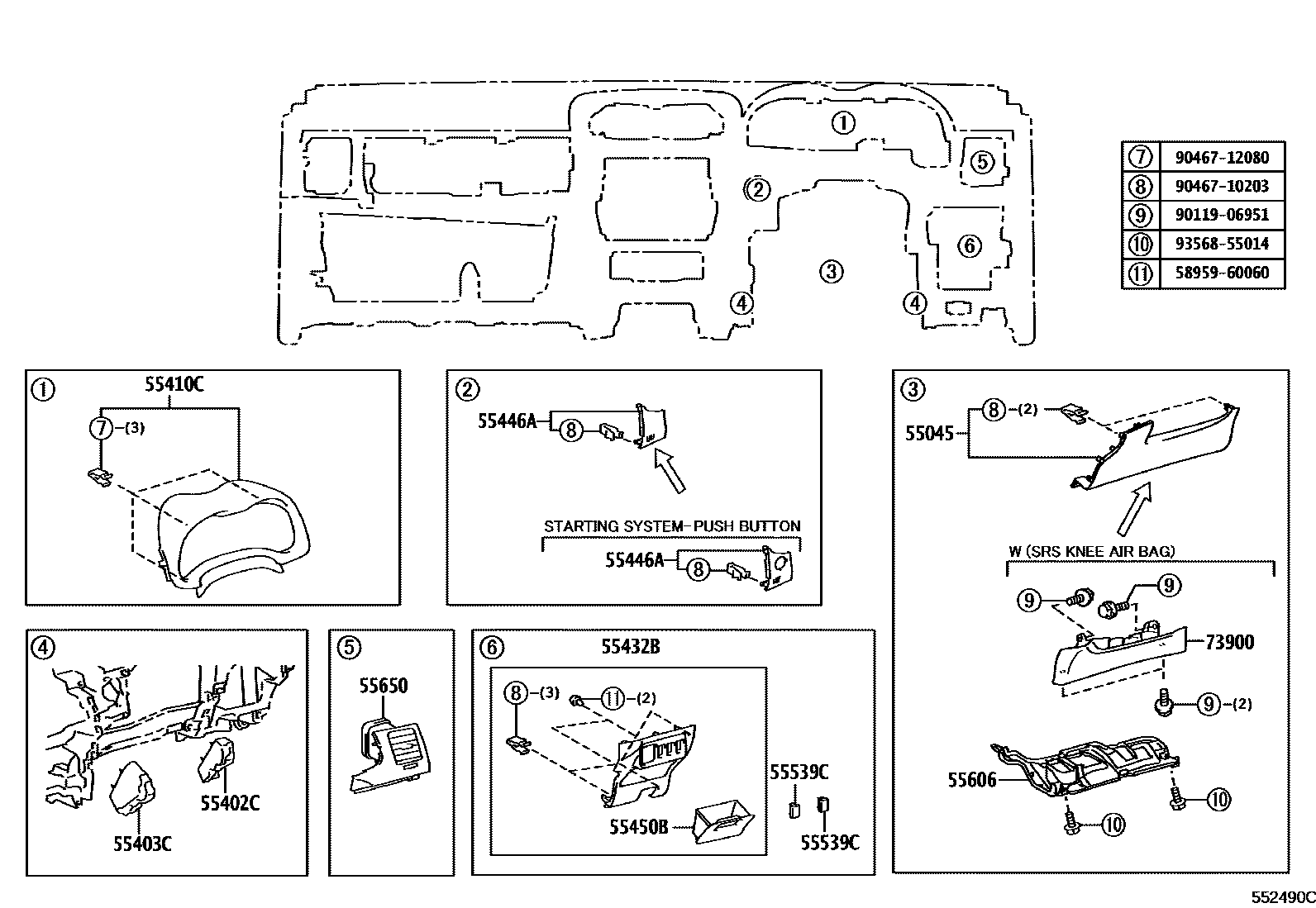 Toyota COROLLA 仪表板和手套箱 EPC diagram — 552490C