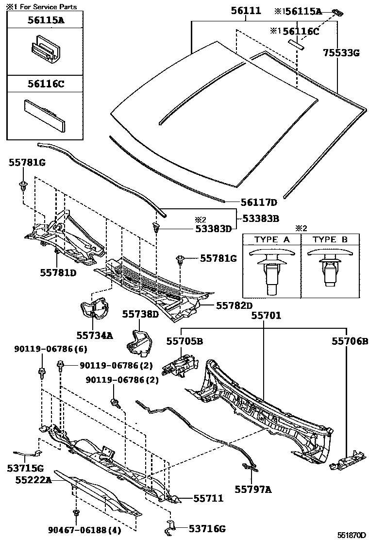Toyota COROLLA 前围板和挡风玻璃 EPC diagram — 551870D