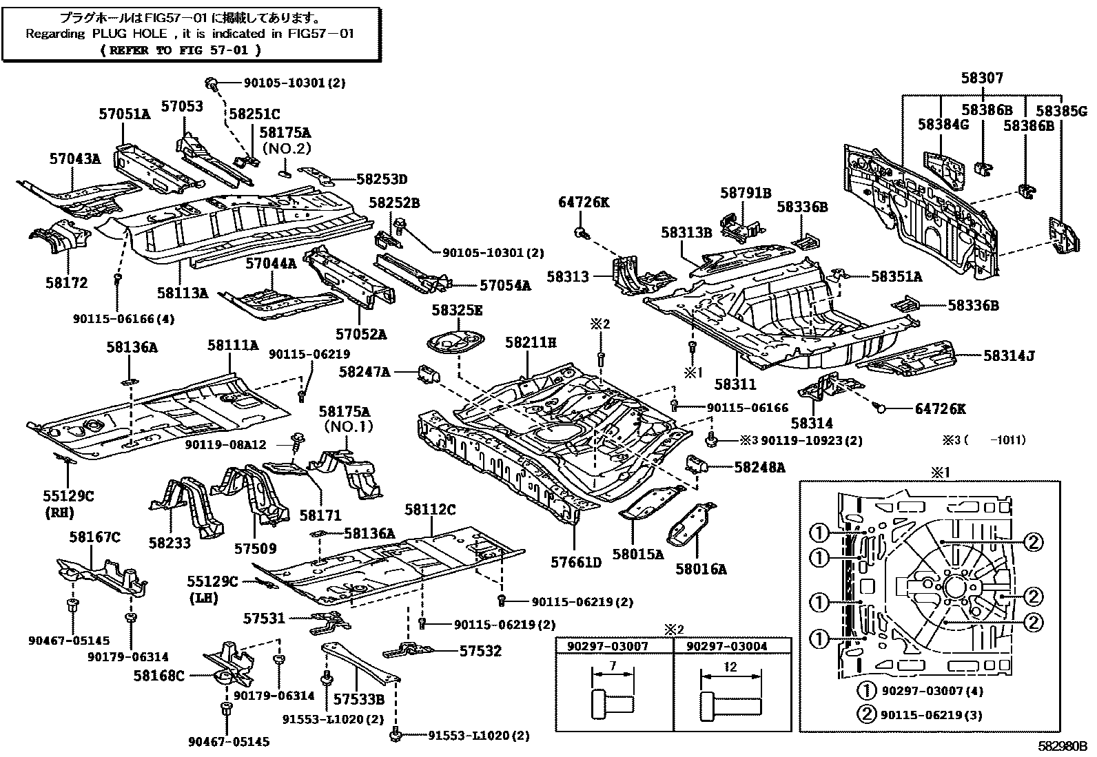 Toyota COROLLA 浅盘形地板和车身下背板 EPC diagram — 582980B
