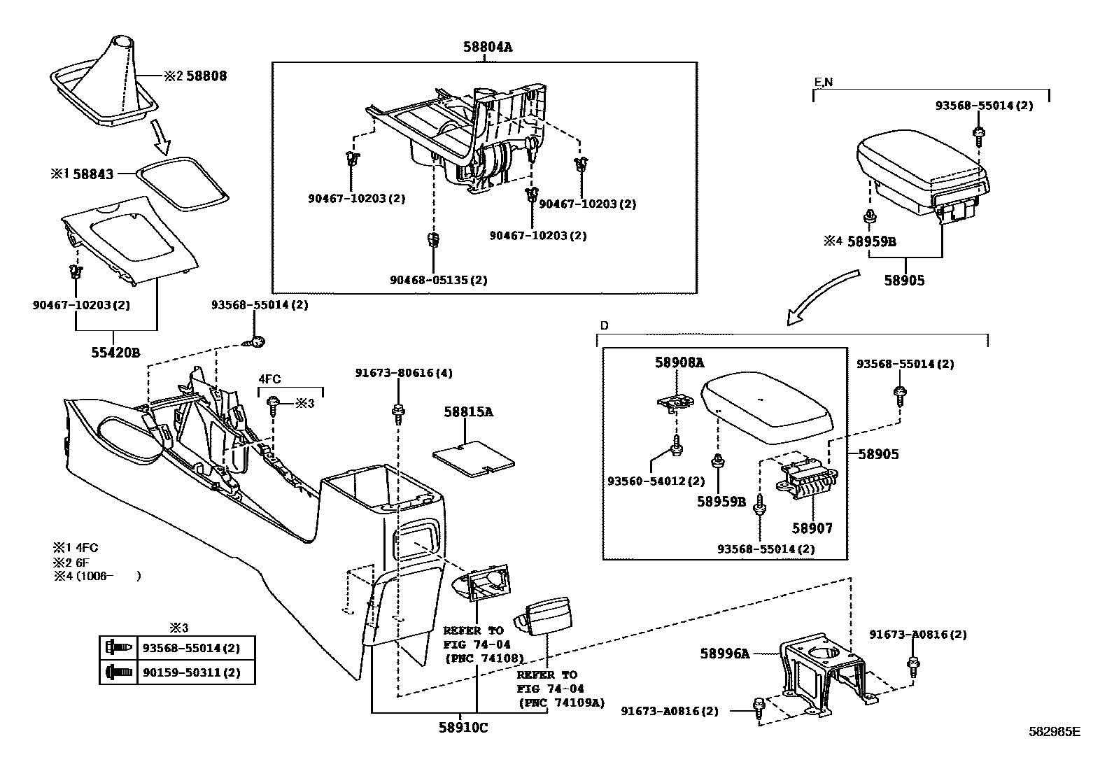 Toyota COROLLA 中央扶手箱和支架 EPC diagram — 582985E