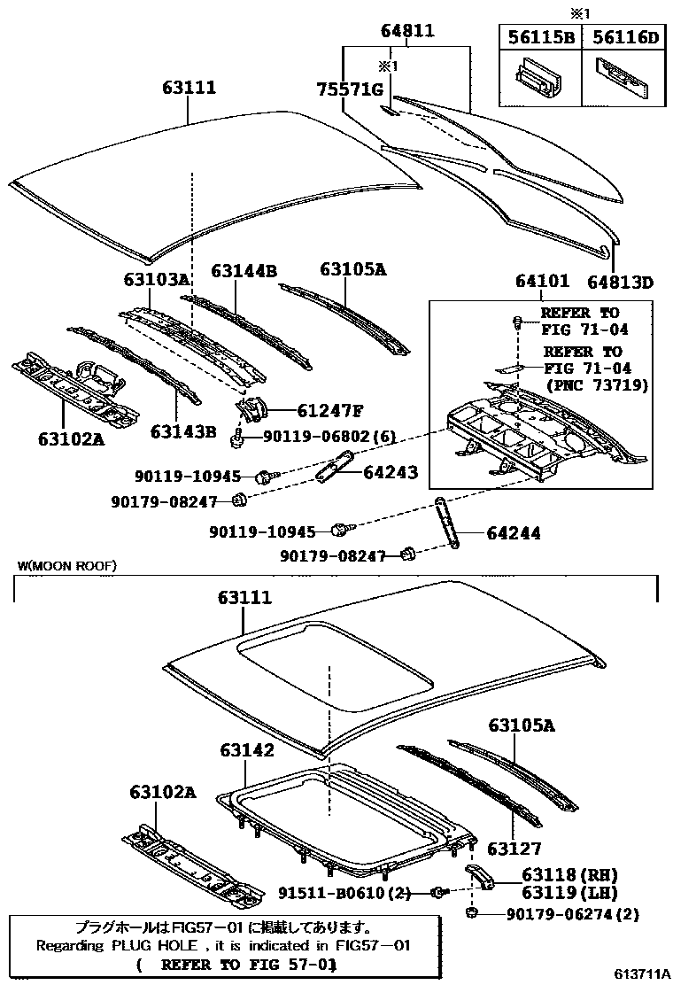 Toyota COROLLA 天窗板和背窗玻璃 EPC diagram — 613711A