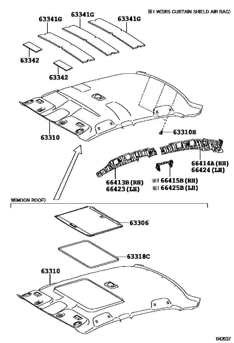 Toyota COROLLA 车顶内衬和消声垫 EPC diagram — 642637