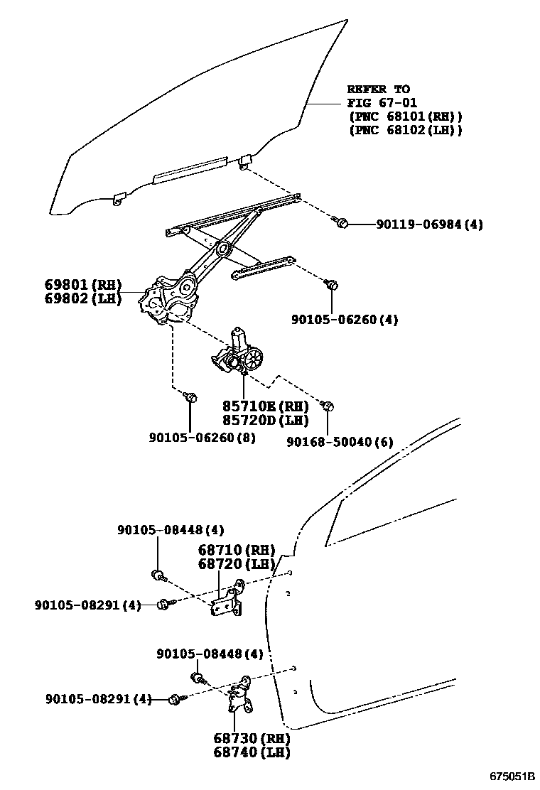 Toyota COROLLA 前门车窗升降器和合页 EPC diagram — 675051B