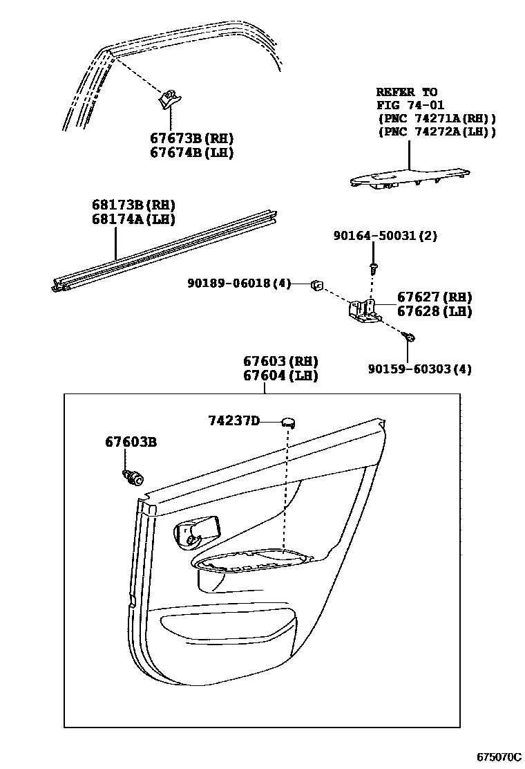Toyota COROLLA 后门板和后门玻璃 EPC diagram — 675070C