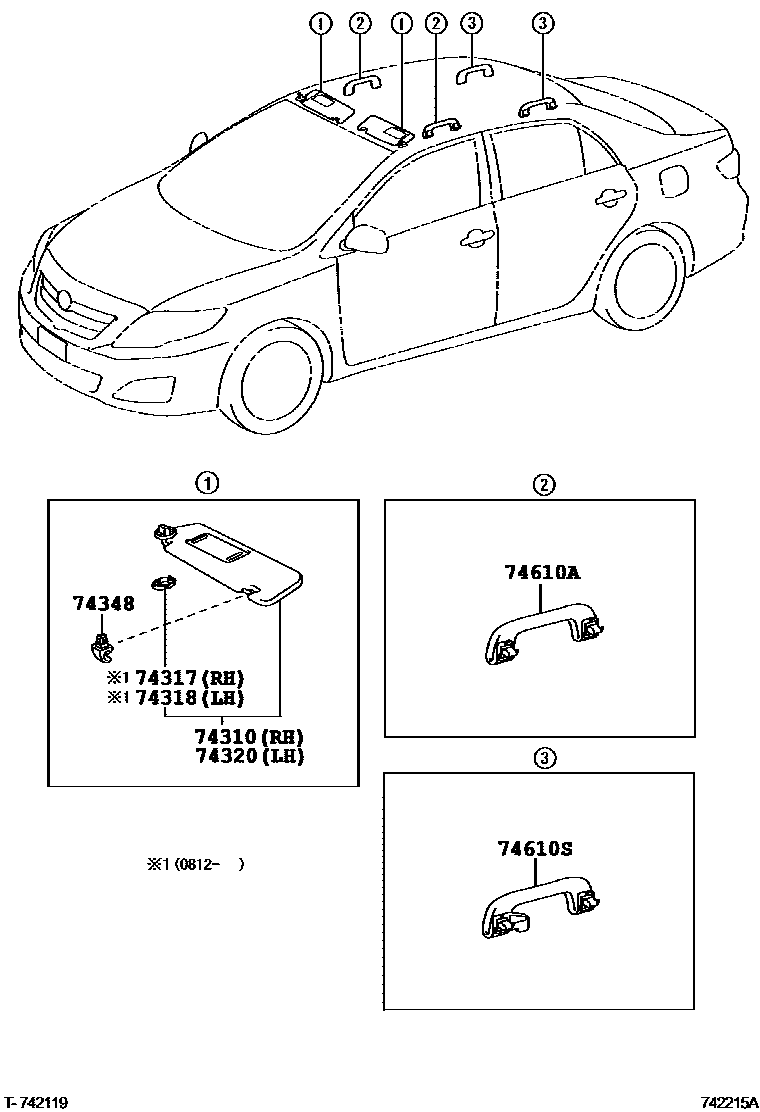 Toyota COROLLA 扶手和遮阳板 EPC diagram — 742215A