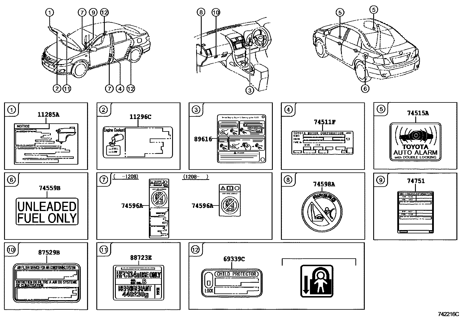 Toyota COROLLA 警示铭牌(车外和车内) EPC diagram — 742216C