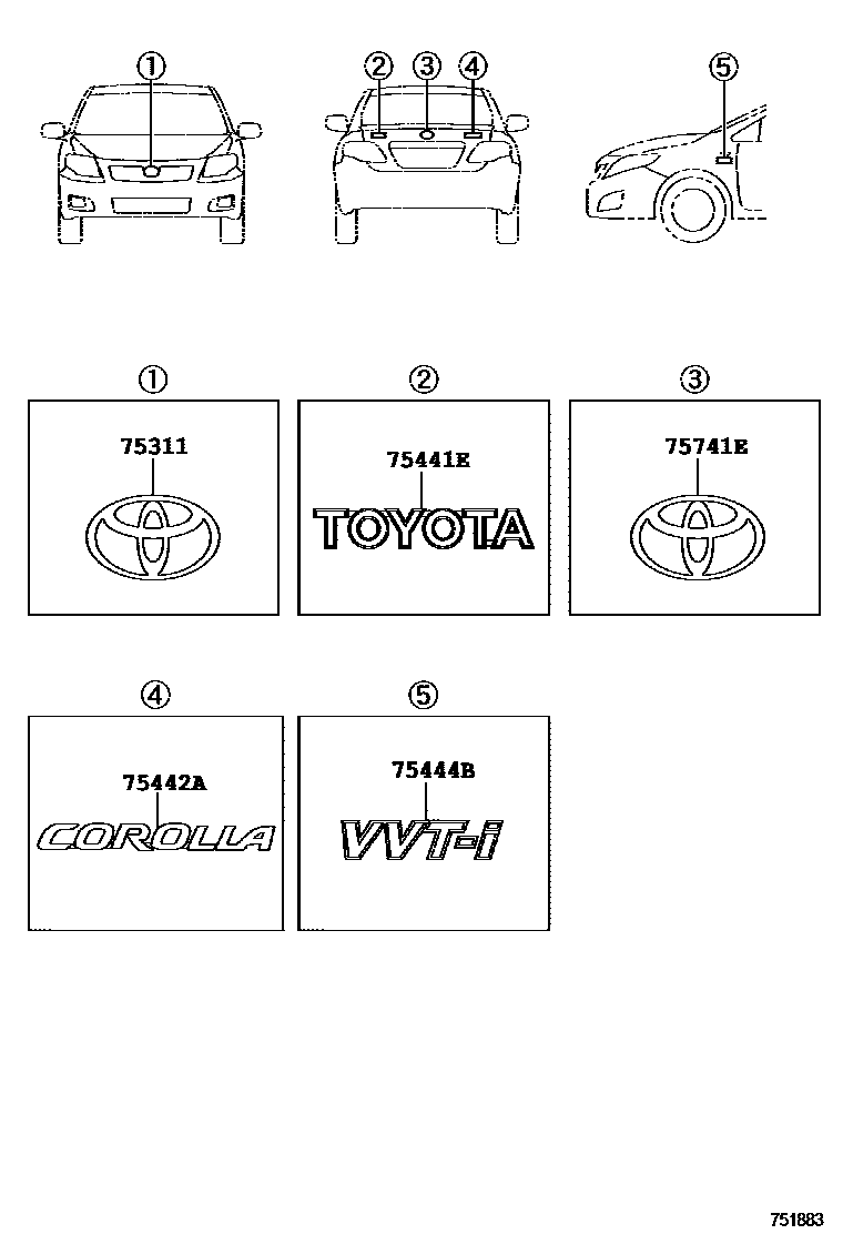 Toyota COROLLA 丰田徽标和铭牌(车外和车内) EPC diagram — 751883