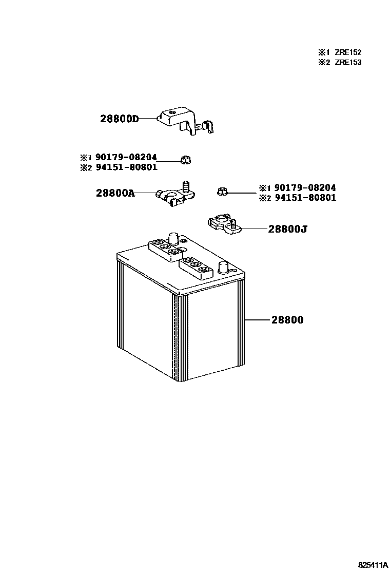 Toyota COROLLA 蓄电池和蓄电池电缆 EPC diagram — 825411A