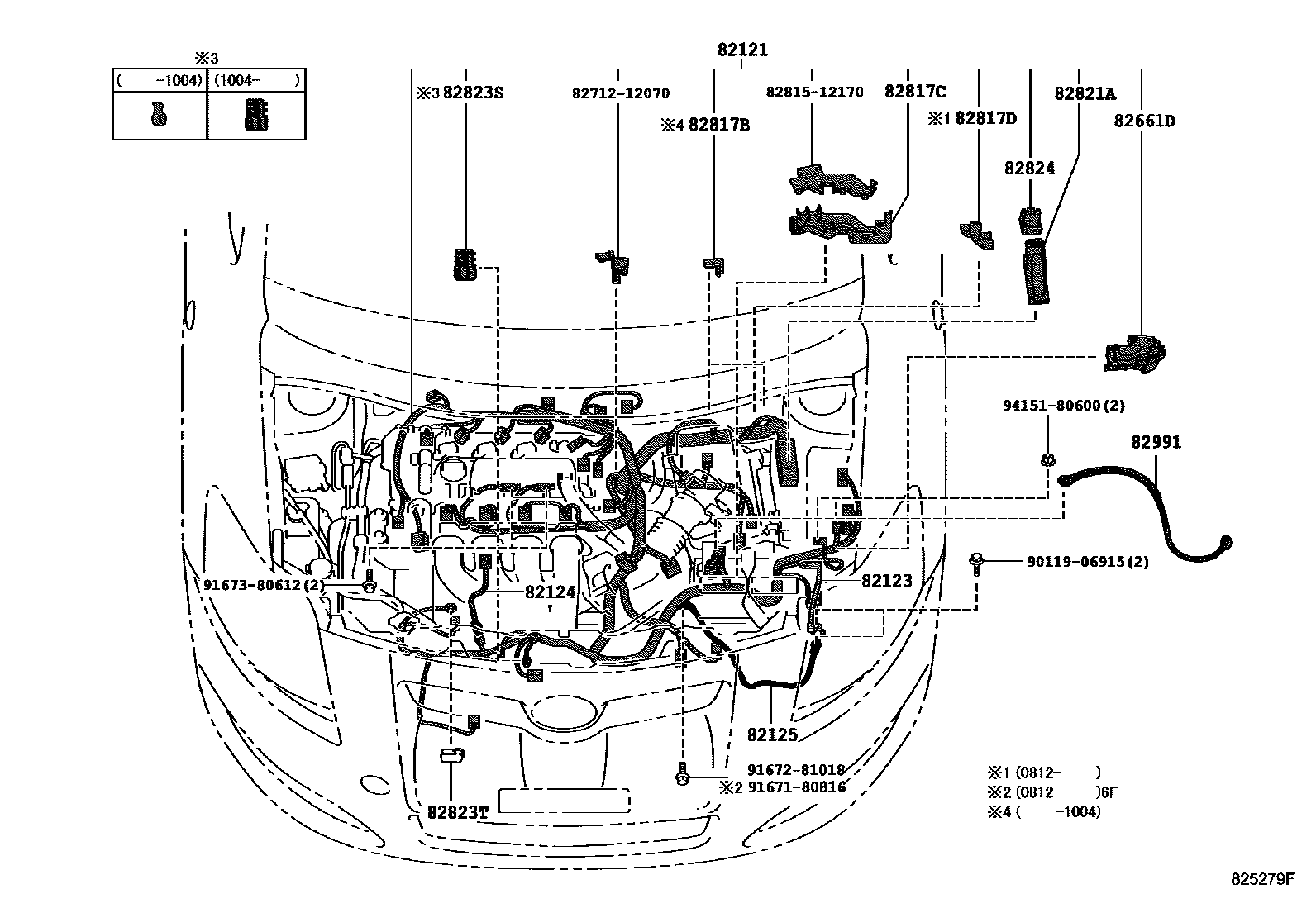 Toyota COROLLA 线束和卡夹 EPC diagram — 825279F