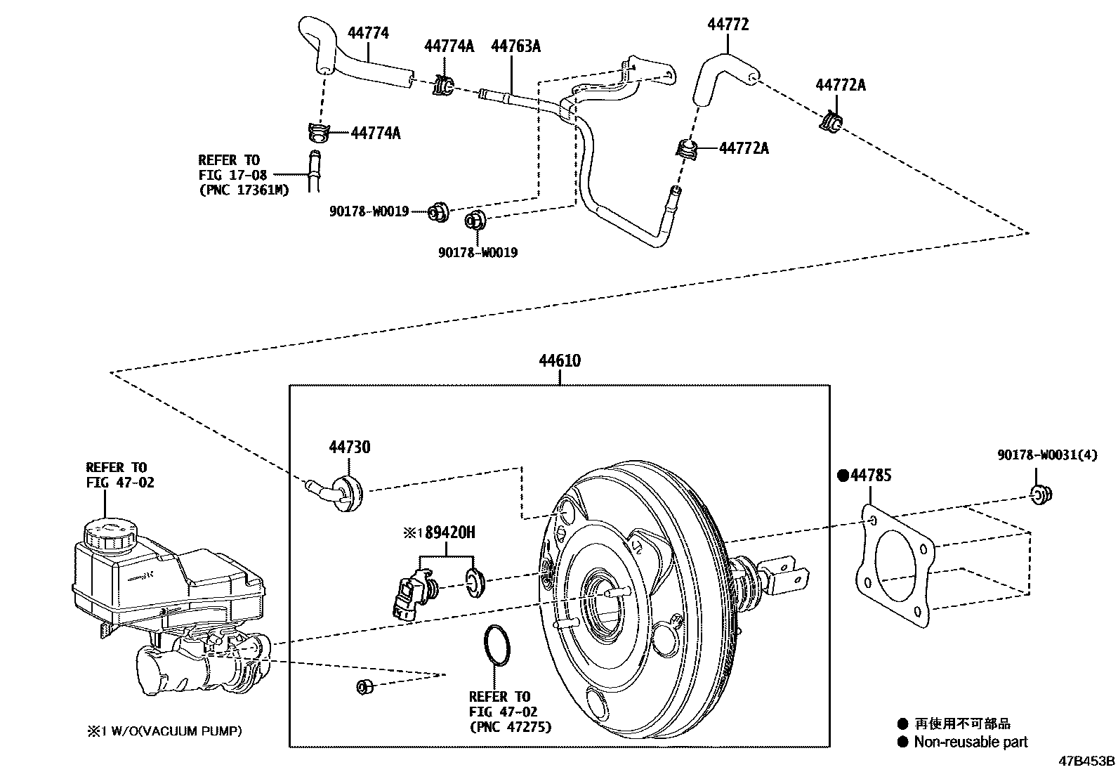 Toyota COROLLA 制动助力器和真空管 EPC diagram — 47B453B