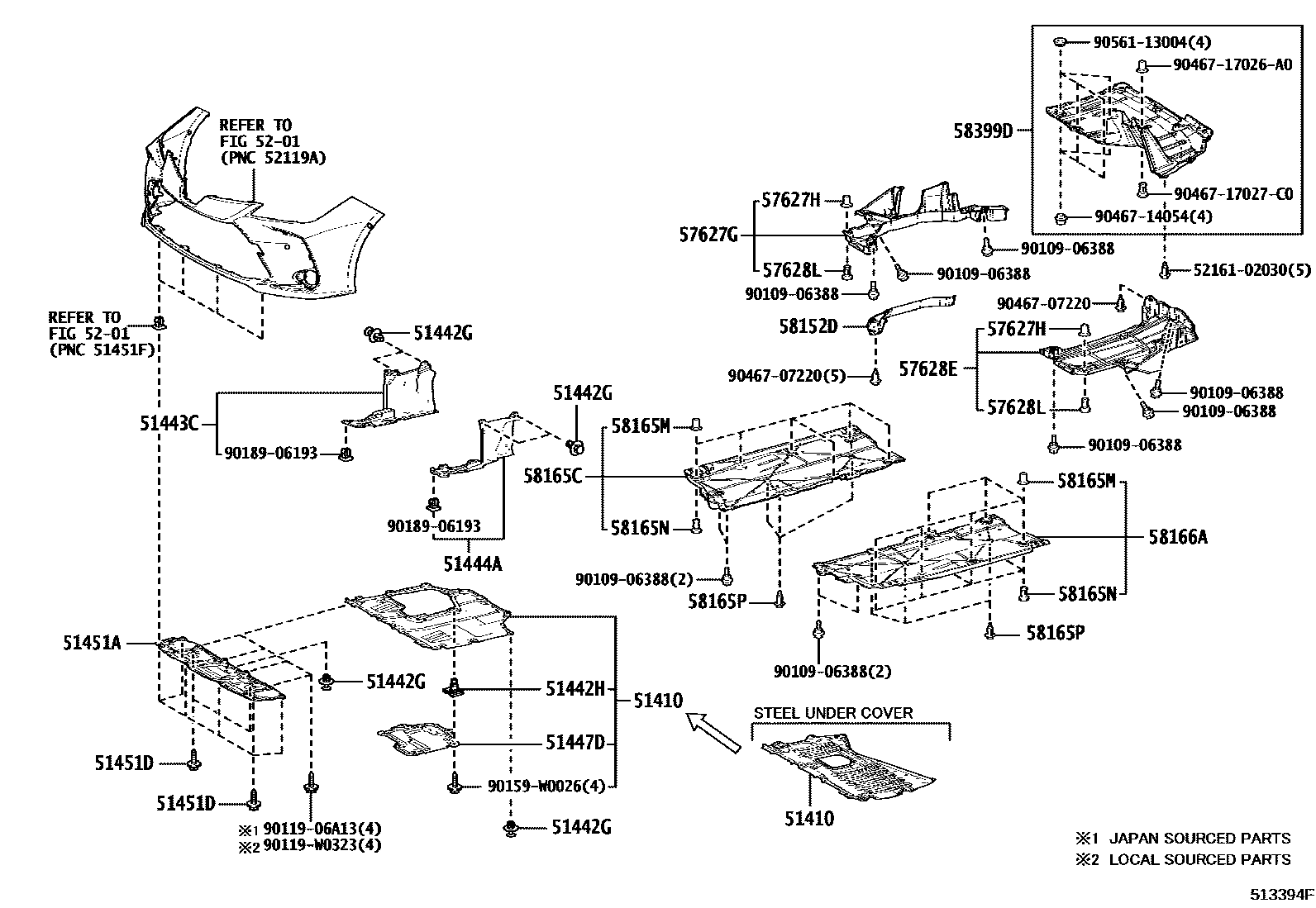 Toyota COROLLA 悬架横梁和发动机底罩 EPC diagram — 513394F