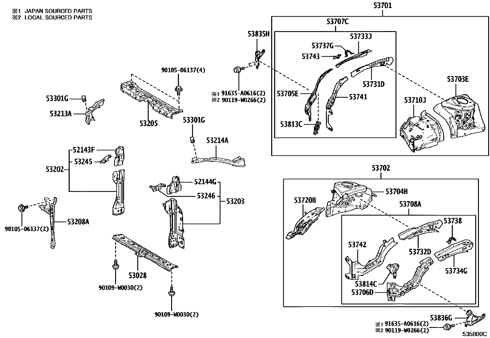 Toyota COROLLA 前翼子板挡泥板和前围板 EPC diagram — 535800C