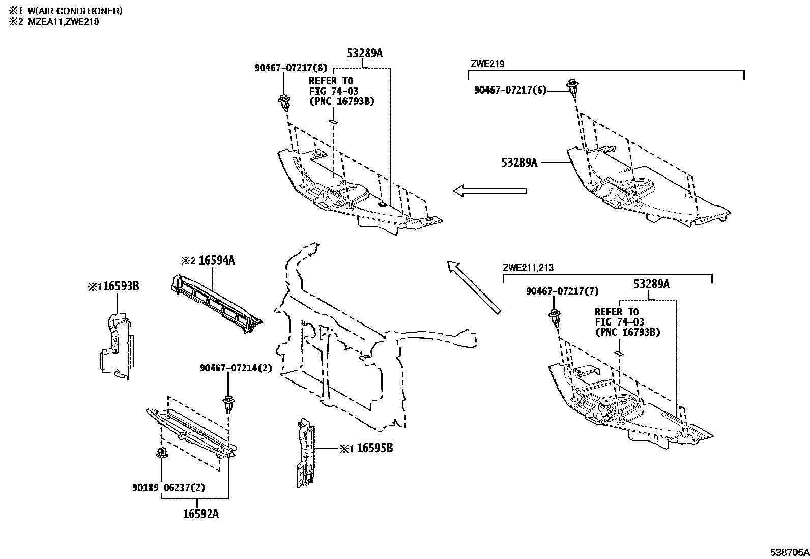 Toyota COROLLA 前翼子板挡泥板和前围板 EPC diagram — 538705A