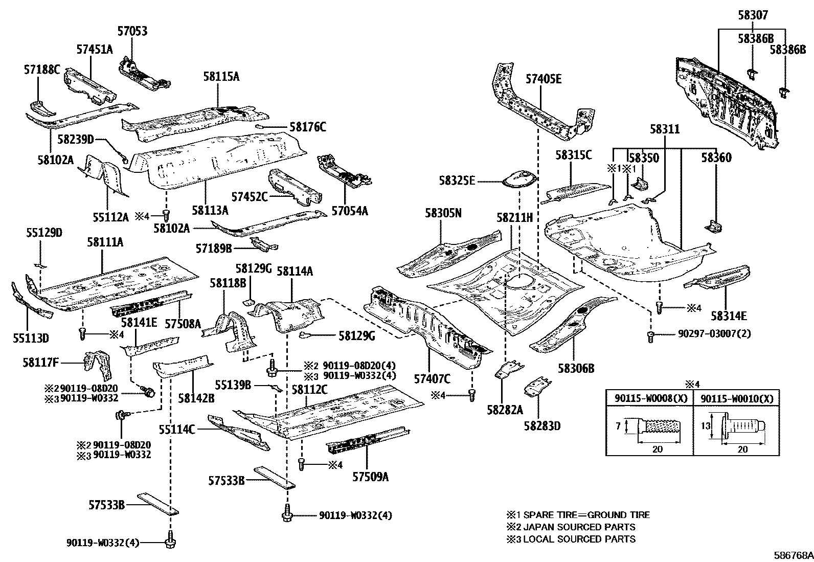 Toyota COROLLA 浅盘形地板和车身下背板 EPC diagram — 586768A