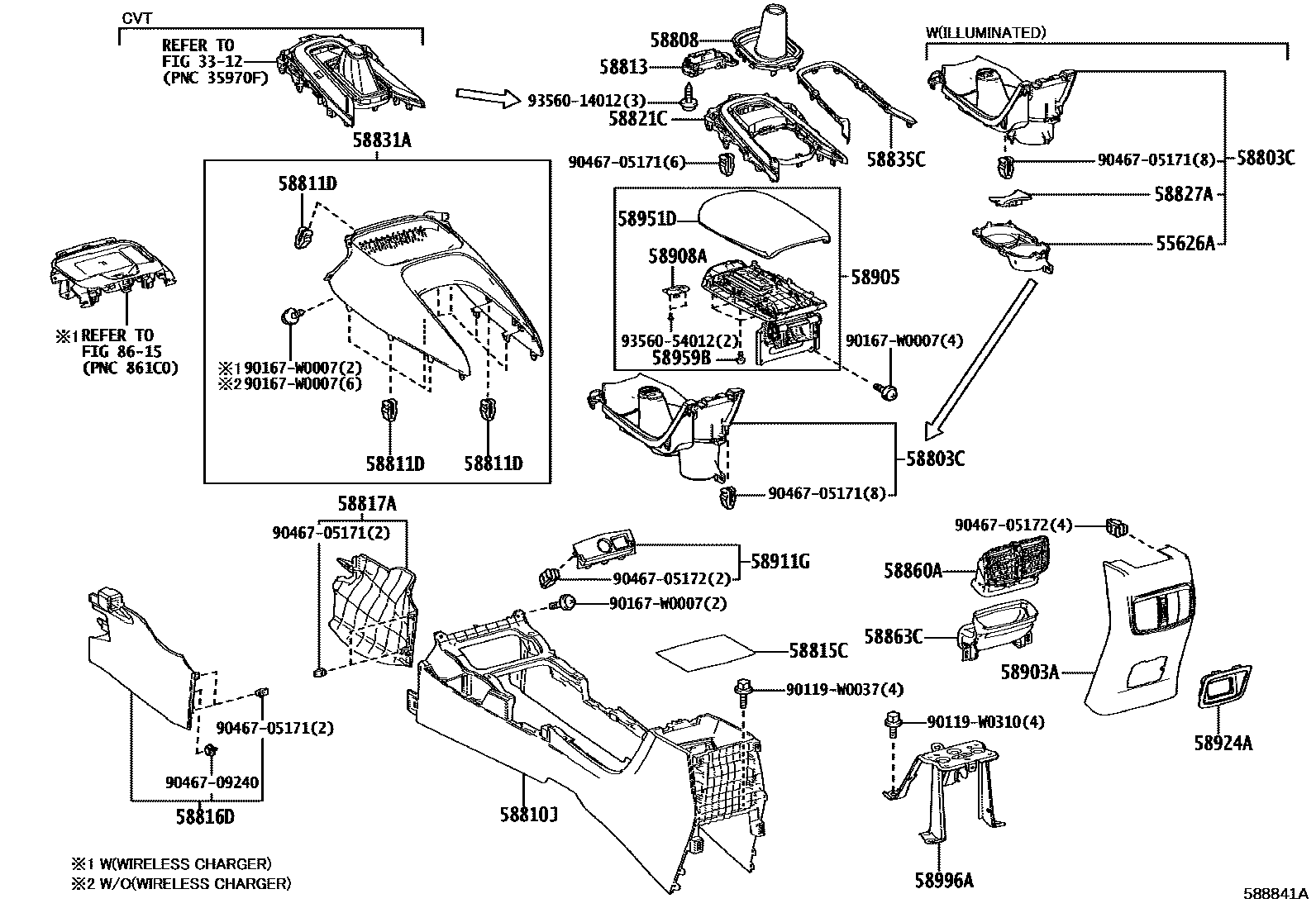Toyota COROLLA 中央扶手箱和支架 EPC diagram — 588841A