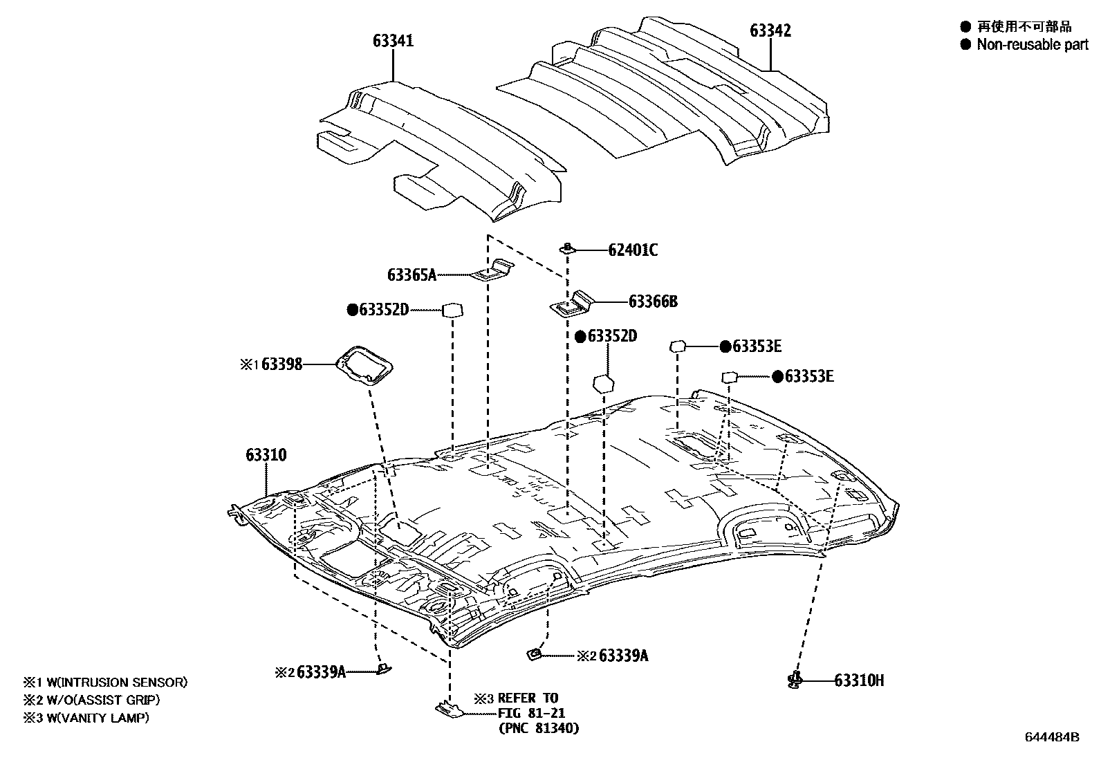 Toyota COROLLA 车顶内衬和消声垫 EPC diagram — 644484B