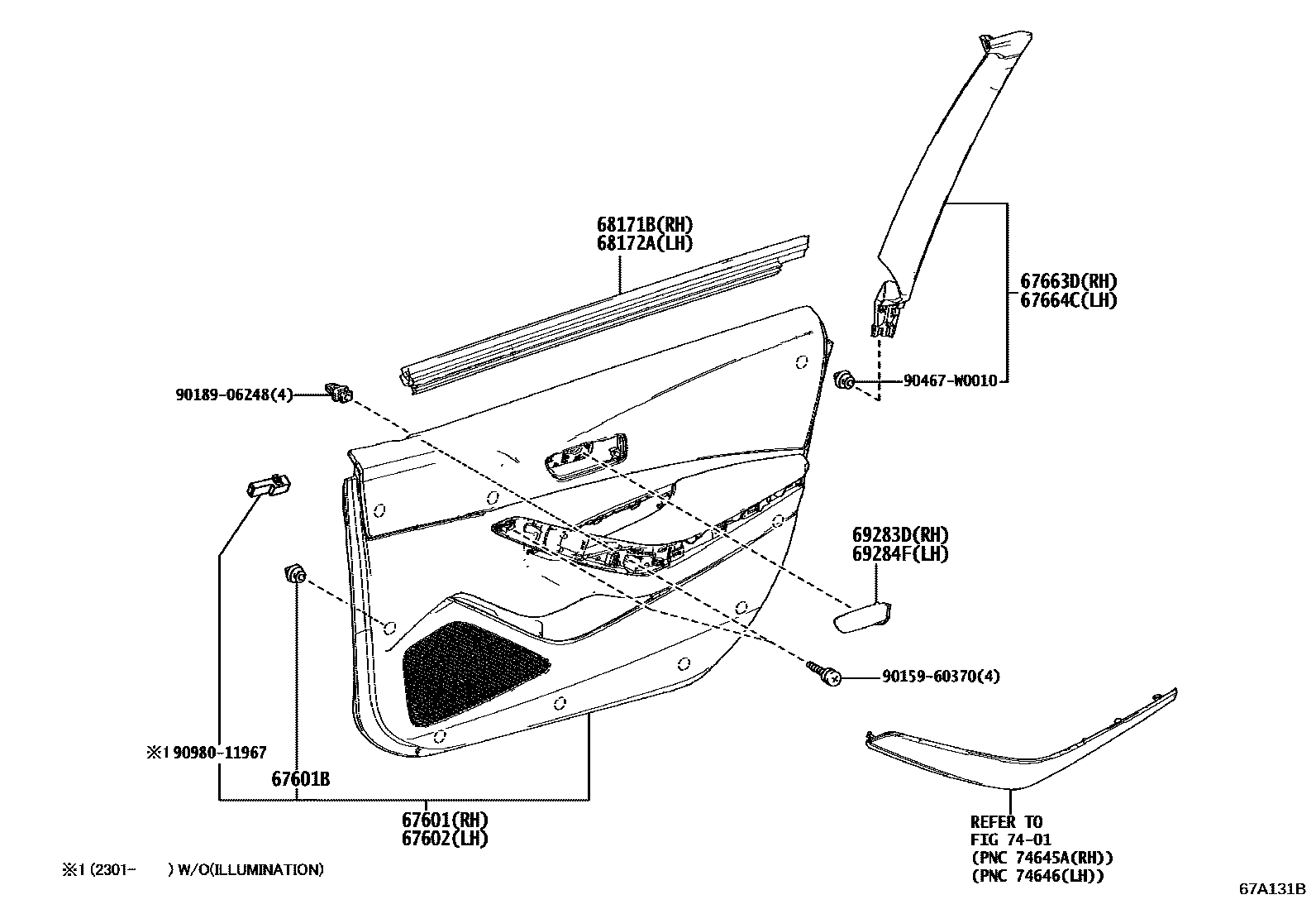 Toyota COROLLA 前门板和前门玻璃 EPC diagram — 67A131B