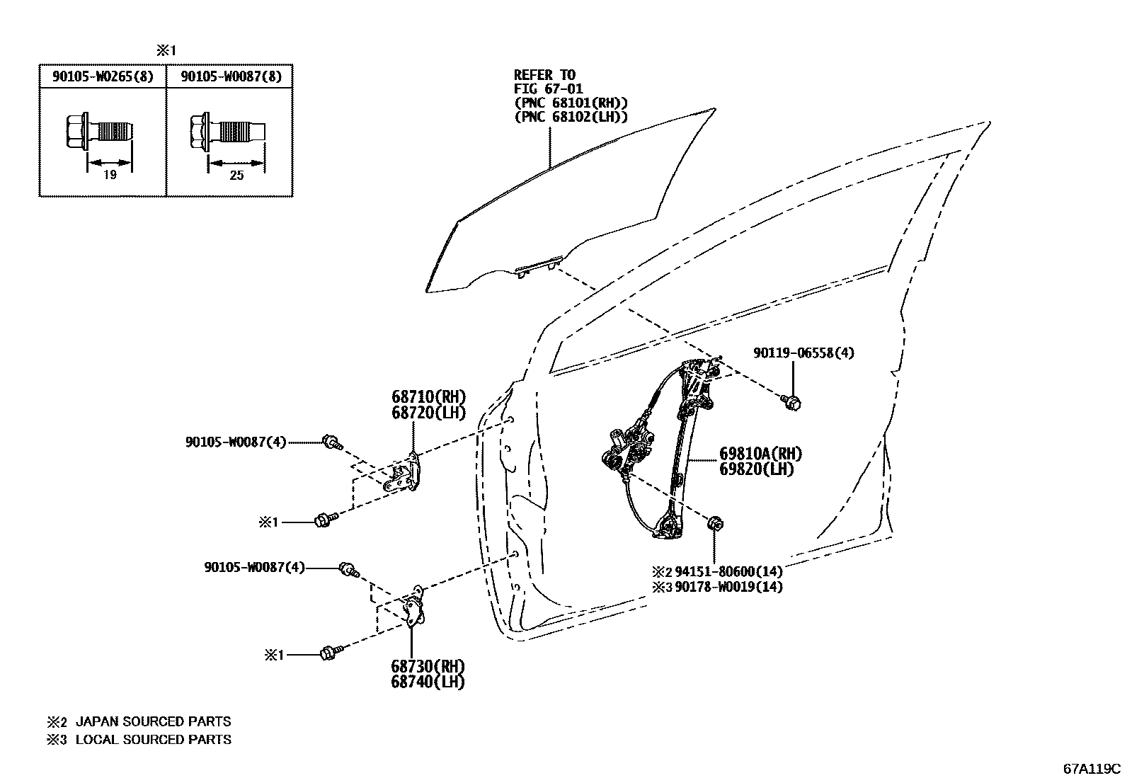 Toyota COROLLA 前门车窗升降器和合页 EPC diagram — 67A119C