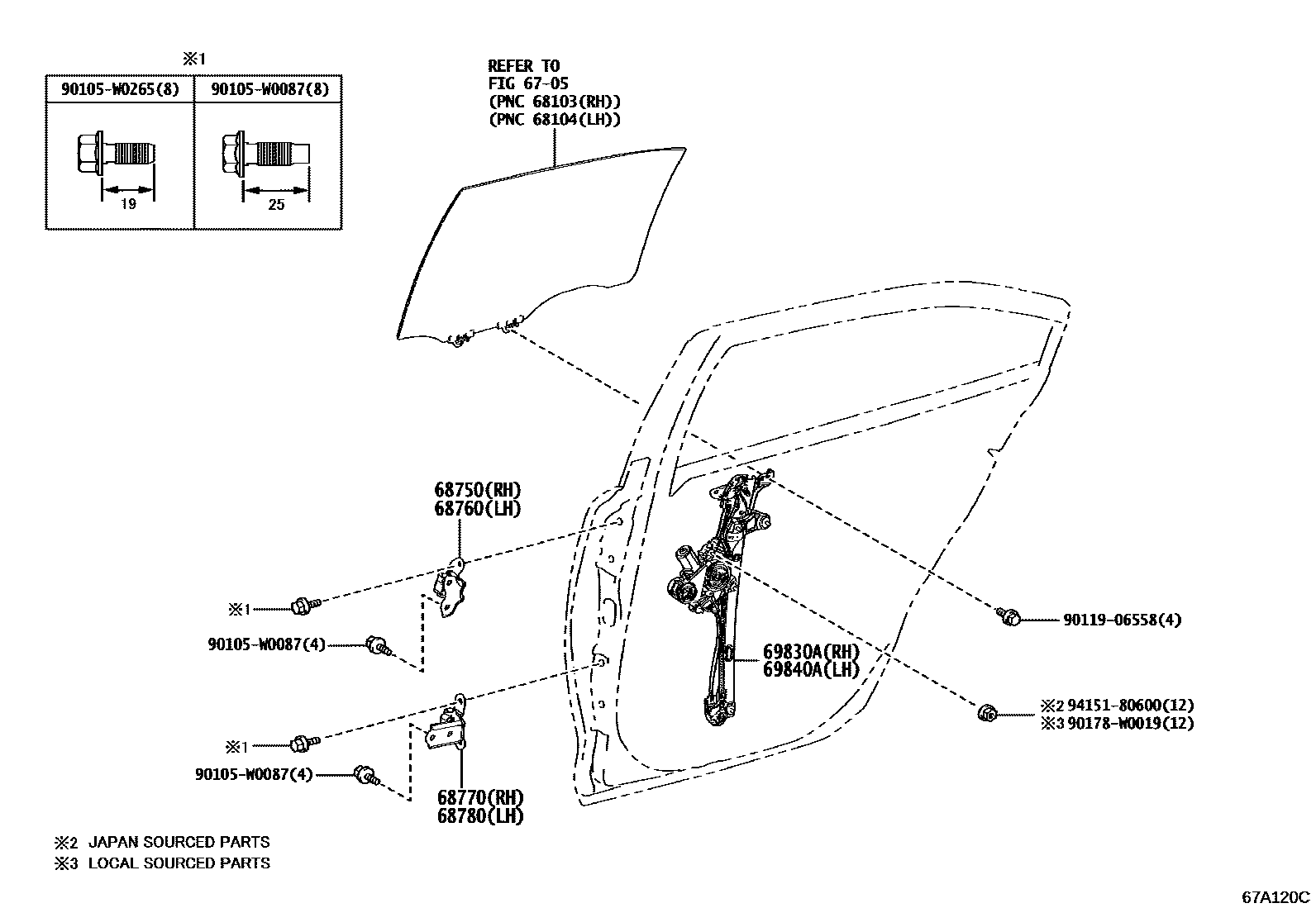 Toyota COROLLA 后门车窗升降器和合页 EPC diagram — 67A120C