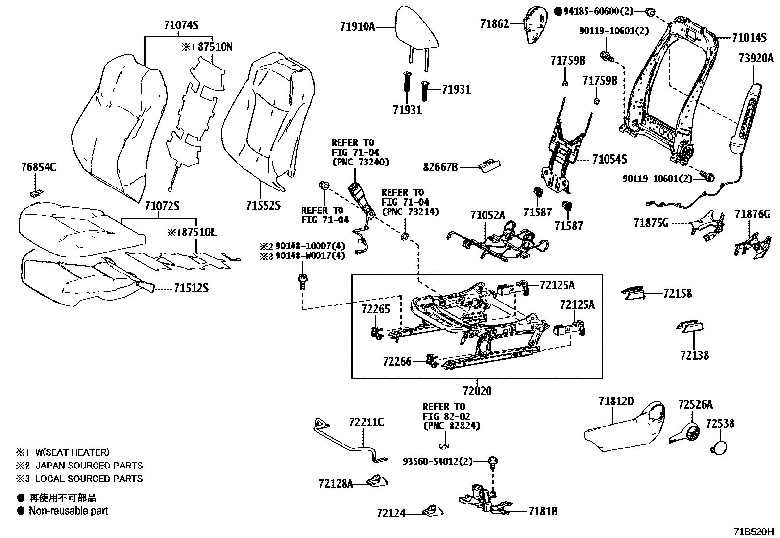 Toyota COROLLA 前排座椅和座椅滑轨 EPC diagram — 71B520H
