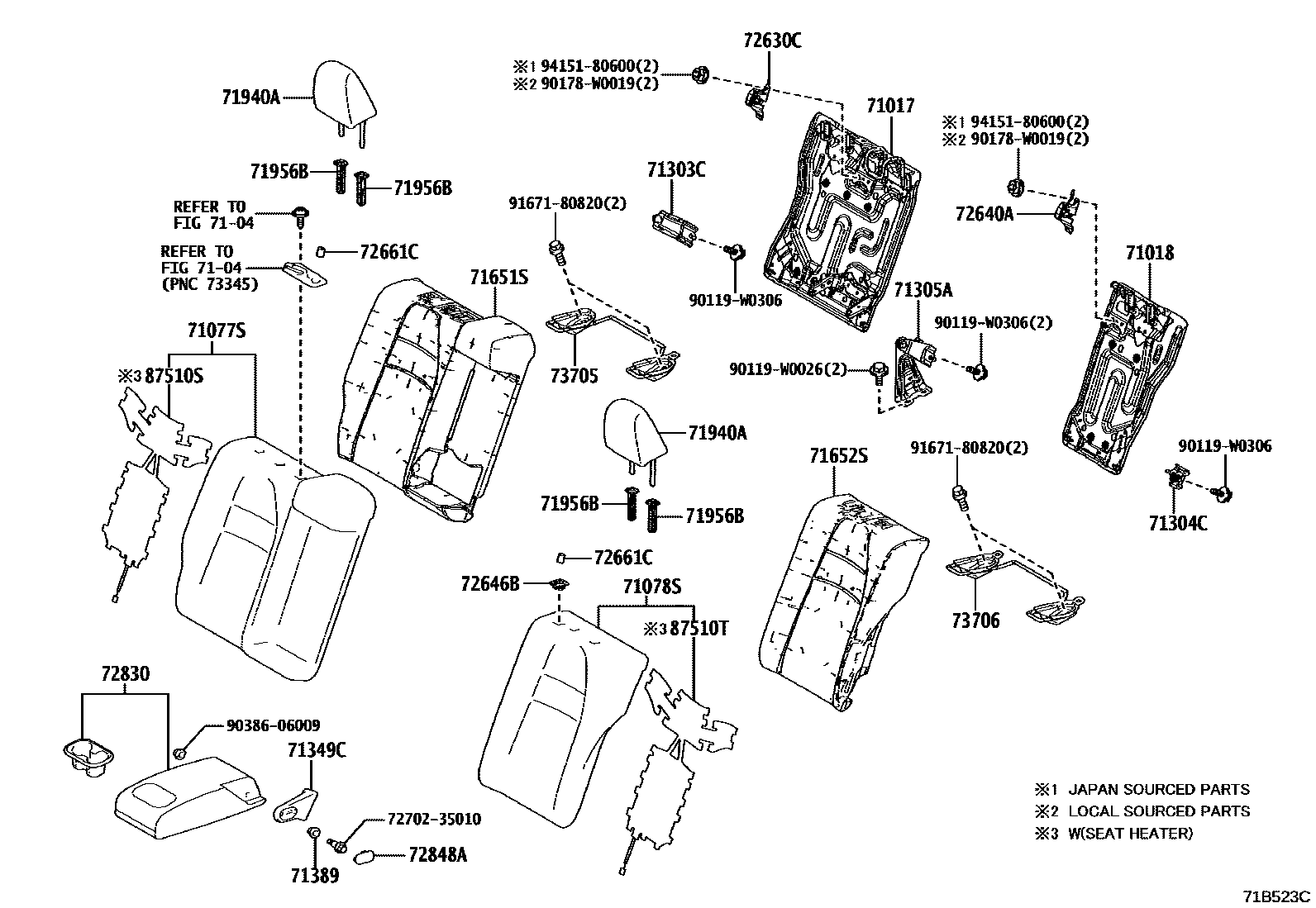 Toyota COROLLA 后排座椅和座椅滑轨 EPC diagram — 71B523C