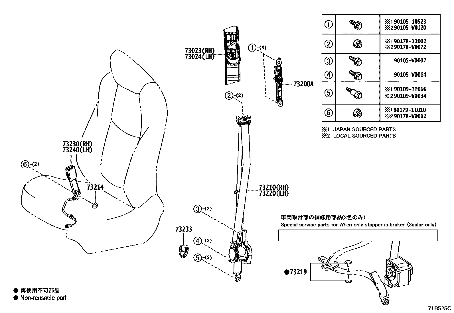 Toyota COROLLA 安全带和儿童保护座椅 EPC diagram — 71B525C